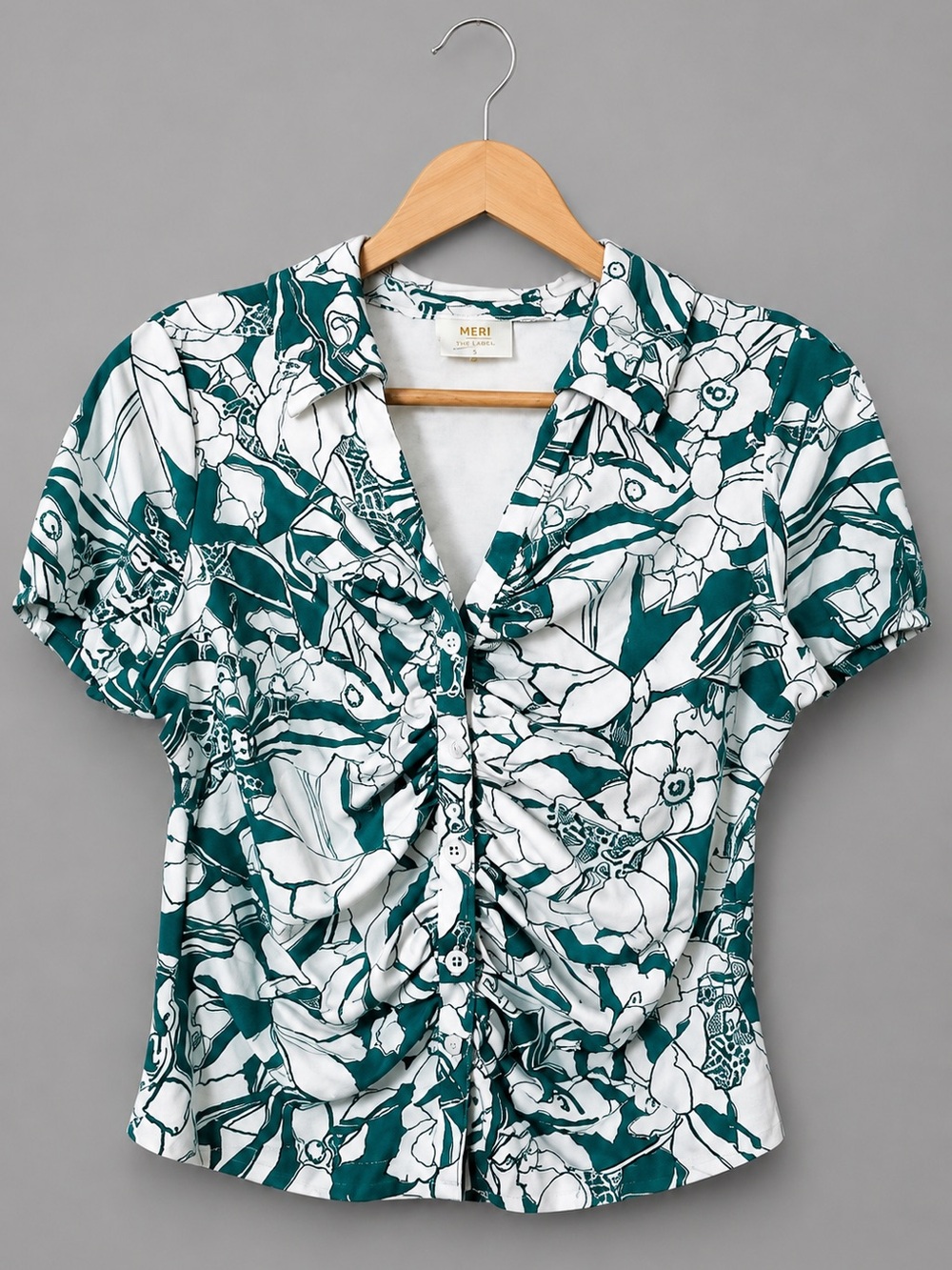 Anthropologie Maeve Green & White Floral Button-Front Short Sleeve Top